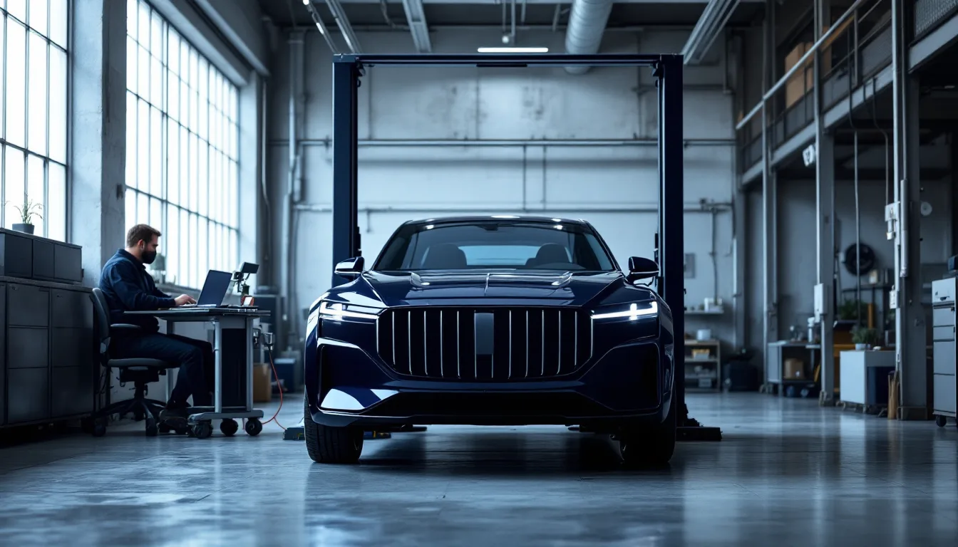 European sedan on a lift in an east Dallas workshop while a technician runs a factory diagnostic session from a rolling cart
