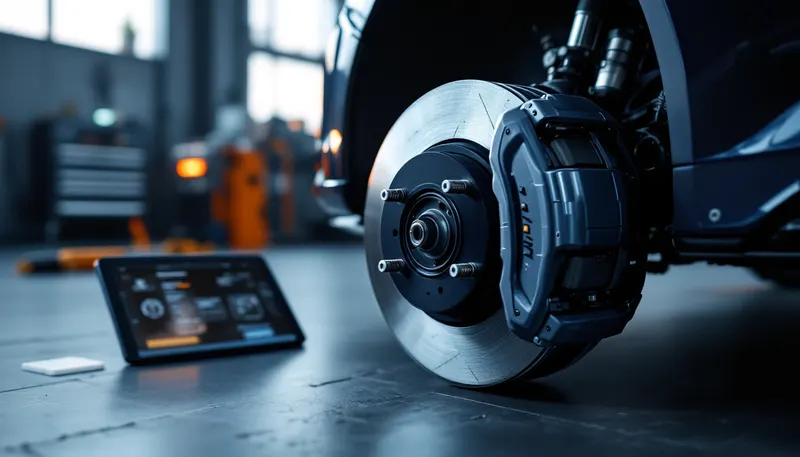 Rear brake with an electric parking brake motor during pads and rotors on a European car in Dallas