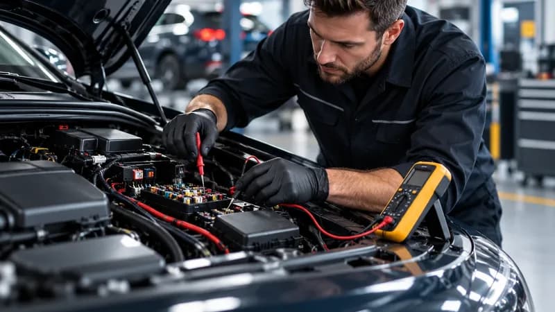 Technician probing a fuse box with a multimeter during an electrical diagnosis on a European car