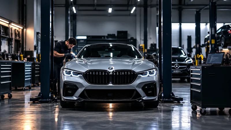 Technician checking a BMW on the lift during a pre-purchase inspection, with a Mercedes-Benz waiting behind