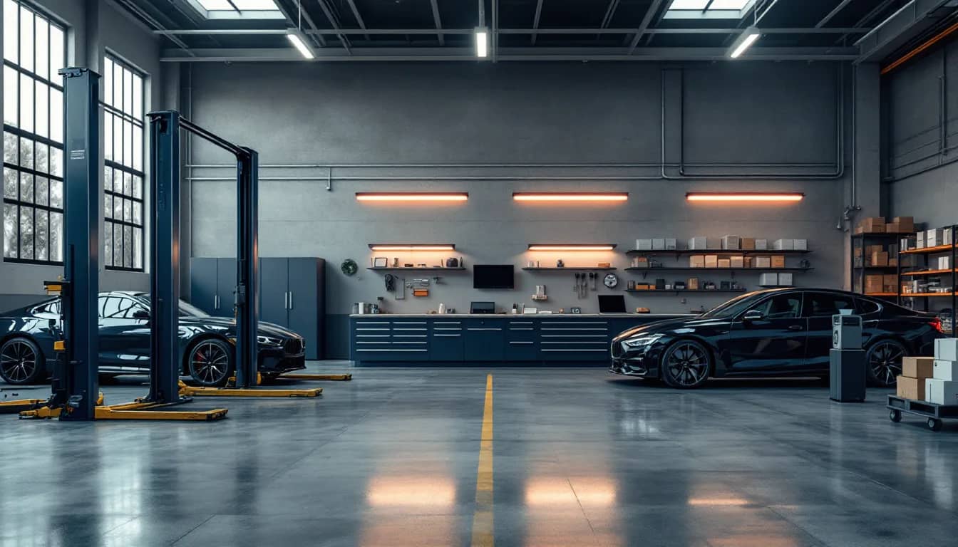 Interior of an independent European repair workshop in Dallas with lifts and a programming bench
