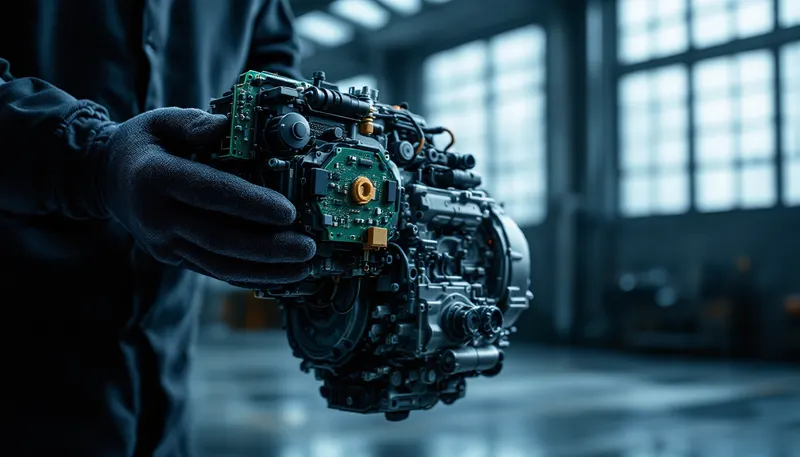 Dual-clutch mechatronic unit held above the open gearbox it came from
