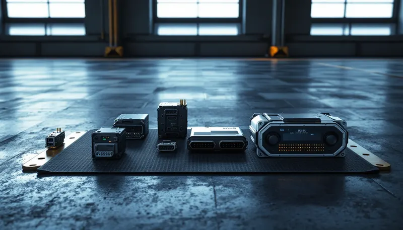 Engine, transmission and body control units laid out before programming on a Dallas workshop bench
