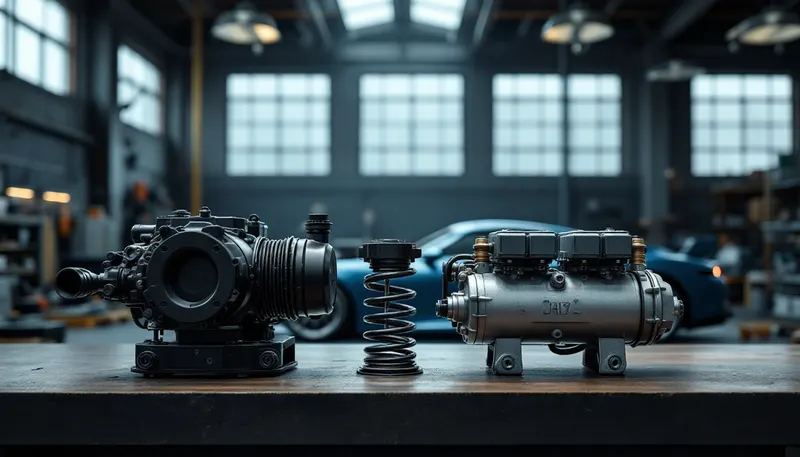 Compressor, cracked air spring and valve block from a luxury SUV air suspension compared on a bench