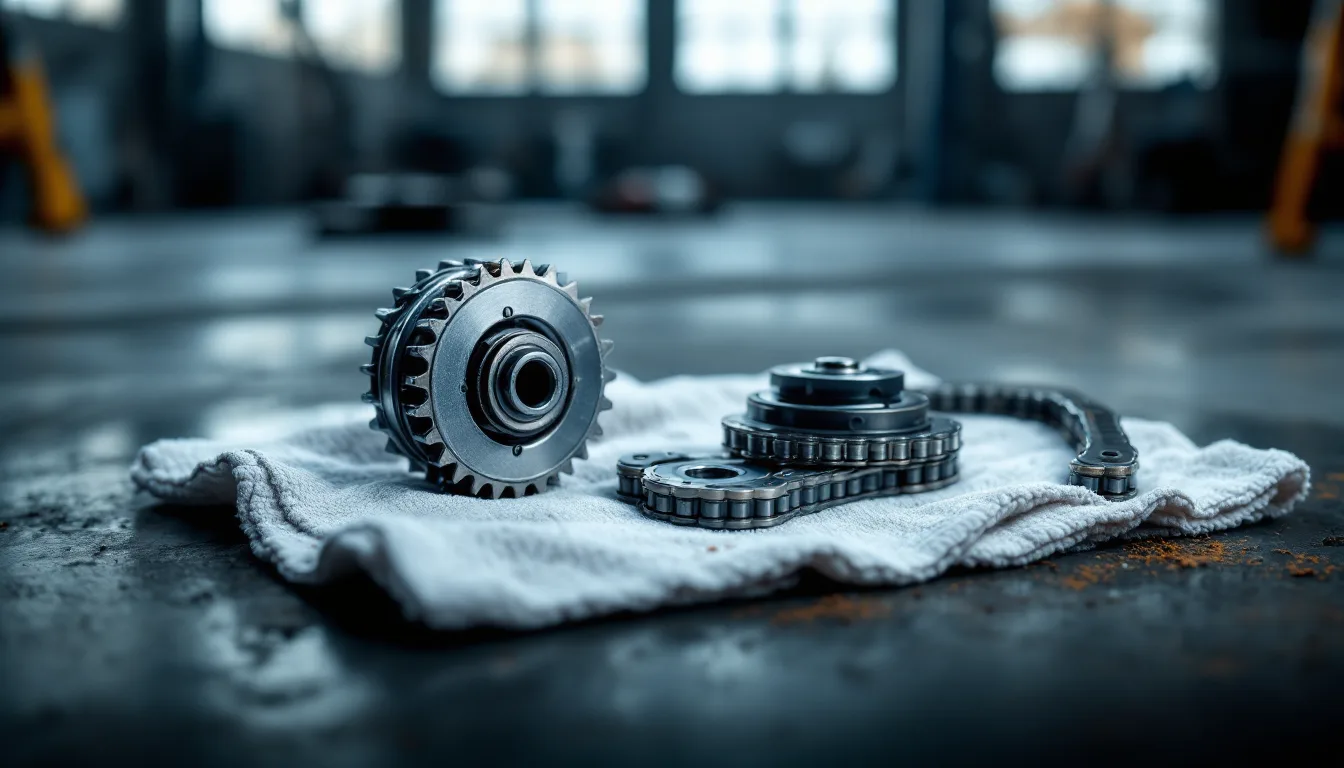 Timing chain, plastic guide rails and hydraulic tensioner laid out on a bench beside a bare aluminum cylinder head