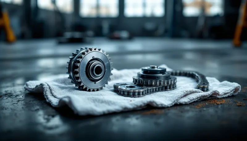 Worn and new timing chain tensioners compared beside a stretched chain