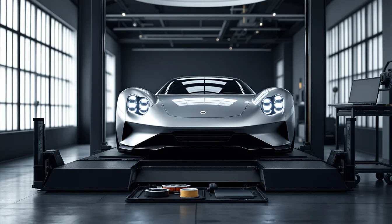 Rear-engined sports car on a lift with its oil filter cut open for an inspection in Dallas