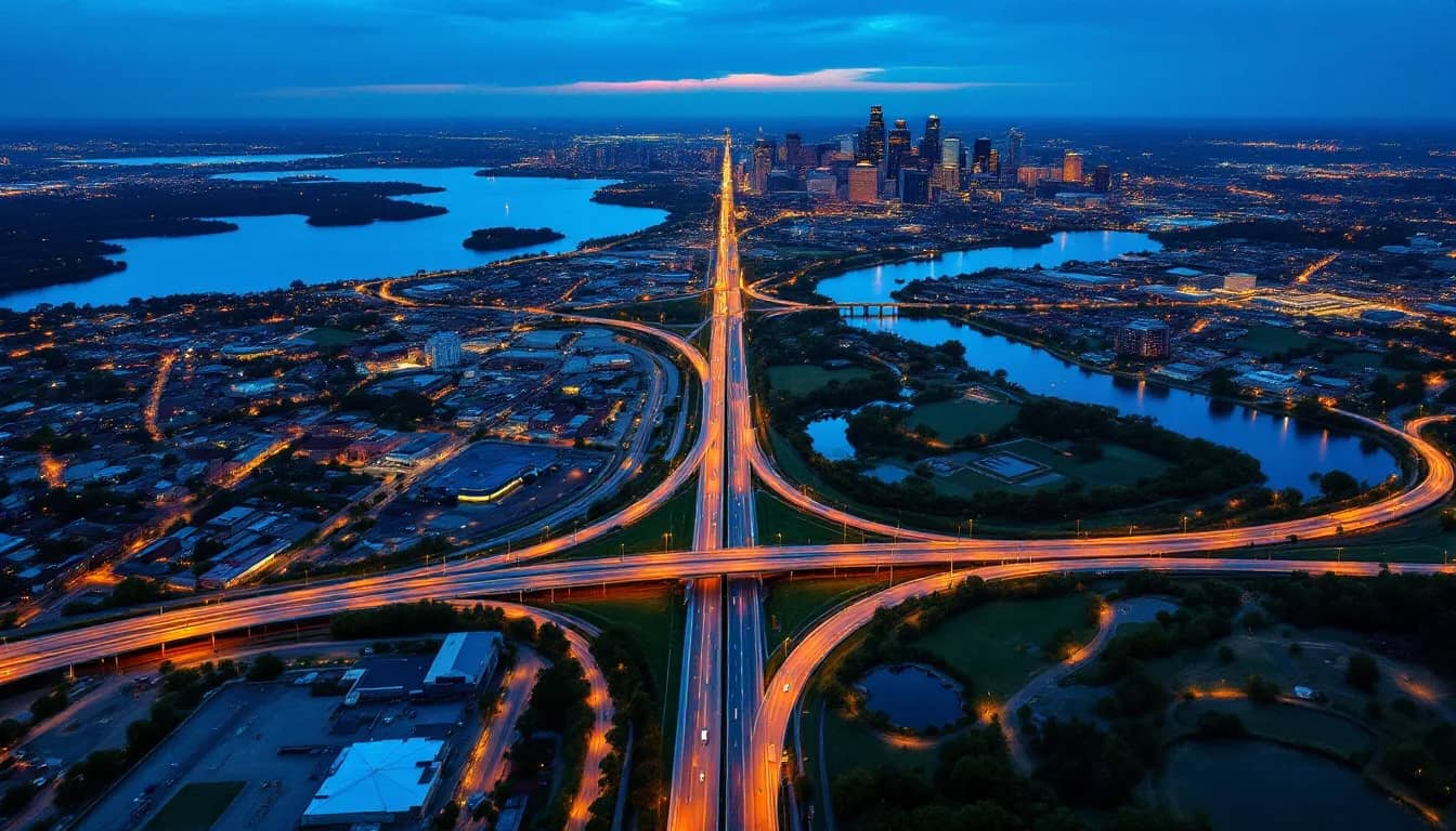 Aerial view of the Dallas freeways between White Rock Lake and downtown that the 30-mile service radius covers