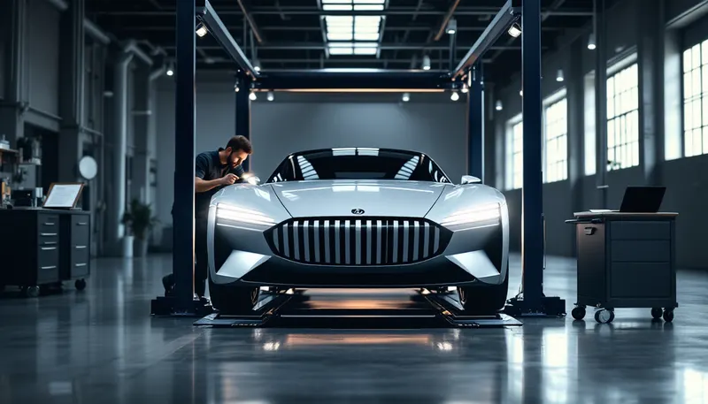 Used European coupe on a lift during a pre-purchase inspection with a written report in Dallas