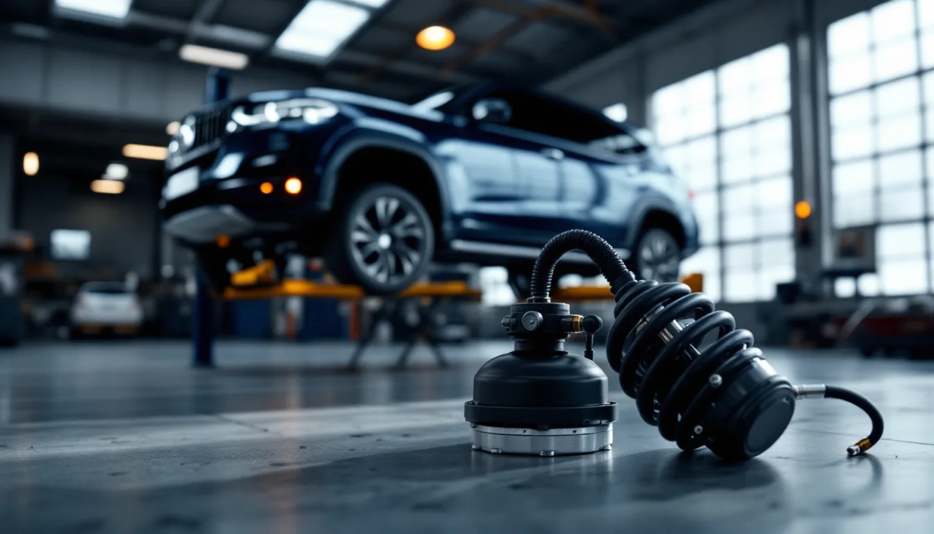 Air strut, compressor and valve block laid out for an air suspension repair on a European SUV in Dallas