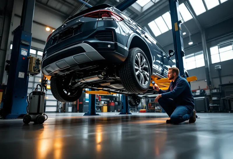 Technician inspecting the air suspension lines under a European SUV in a Dallas workshop