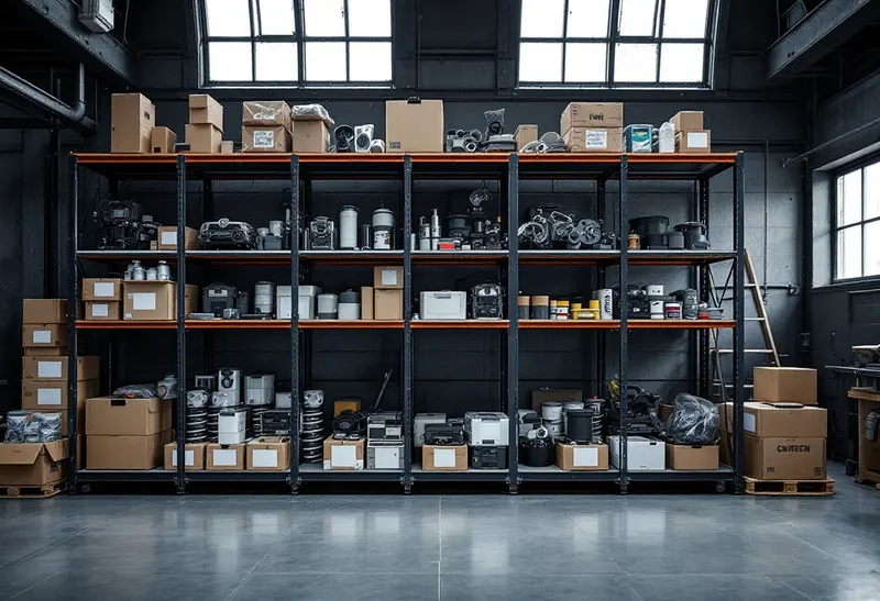 Shelf of new control units, air springs and approved fluids used for European repairs in Dallas
